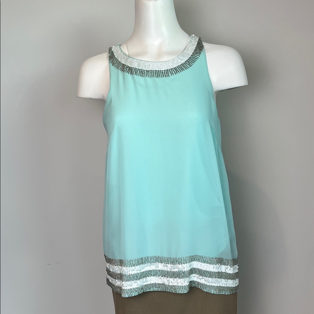 Julie Brown NYC Aqua Sleeveless Top with Silver & White Accents.